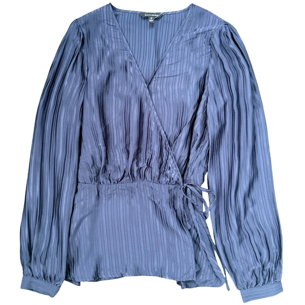 A1 Banana Republic Blue Striped Wrap Blouse Tall Small Long Sleeve Pleated Top‎